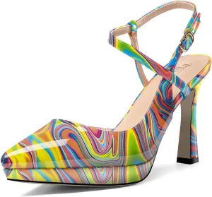 TNYNFBEB Womens Stiletto High Platform Heel Pointed Toe Pumps Slingback Ankle Strap Buckle Party Cute 3.9 Inches Heels