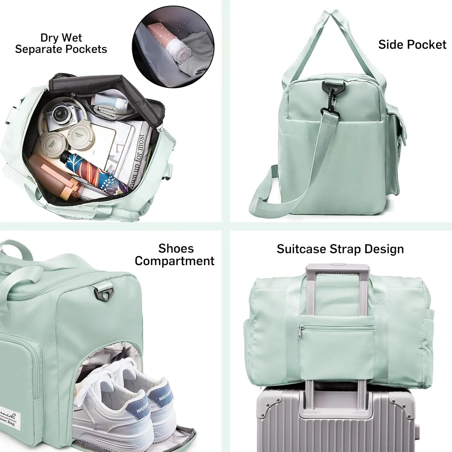 Travel Duffel Bag with Shoes Compartment Sports Gym Bag with Dry Wet Separated Pocket for Men and Women, Overnight Bag Weekender Bag Training Handbag Yoga Bag - Light Green