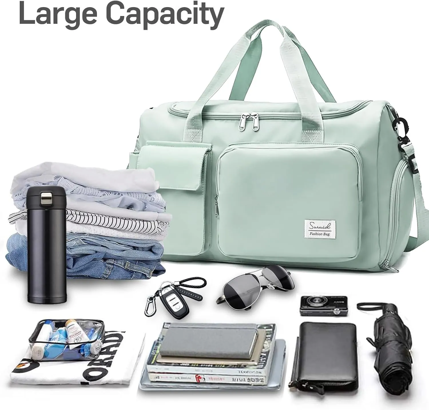 Travel Duffel Bag with Shoes Compartment Sports Gym Bag with Dry Wet Separated Pocket for Men and Women, Overnight Bag Weekender Bag Training Handbag Yoga Bag - Light Green
