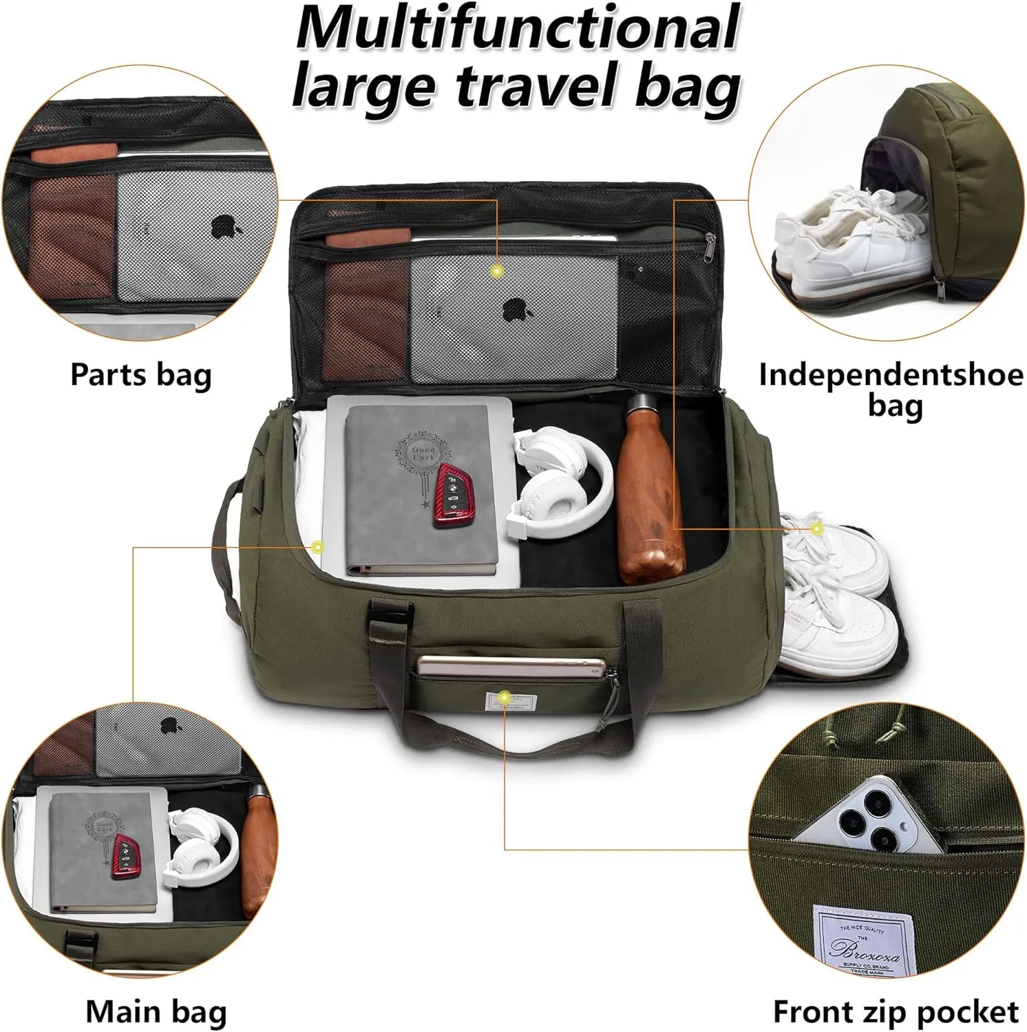 Travel Duffle Bag for Men 65L Large Size Traveling Duffel Bag Weekender Overnight with Shoes Compartment Multifunctional Sports Gym Bags (Green)