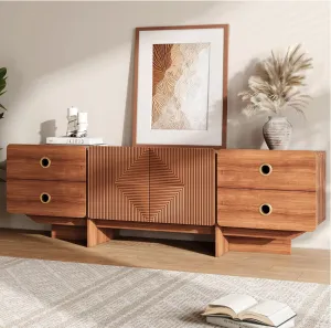 TV Stand, Boho TV Stand for Living Room, Mid Century Modern TV Stand, Storage Cabinet and Entertainment Center, Modern TV Console Table for 75  Inch TV(Cherry 66")
