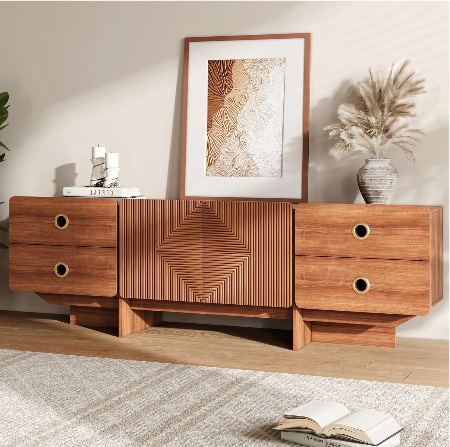 TV Stand, Boho TV Stand for Living Room, Mid Century Modern TV Stand, Storage Cabinet and Entertainment Center, Modern TV Console Table for 75  Inch TV(Cherry 66")