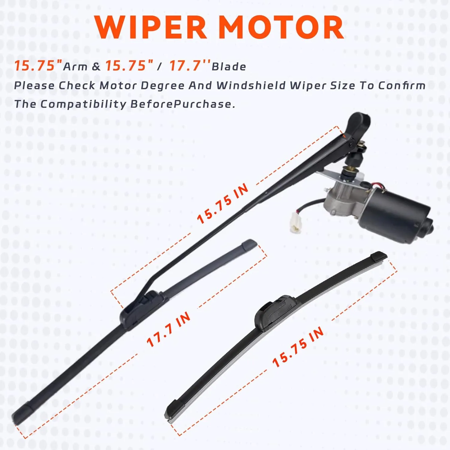 Universal UTV Wiper Motor Kit Compatible with Polaris RZR, Ranger, Mule, Teryx Includes 15.75" Wiper Arm & 17.7"/15.75" Blades, 95° Wipe Angle, Heavy Duty 12V High Torque for Off-Road, Farm