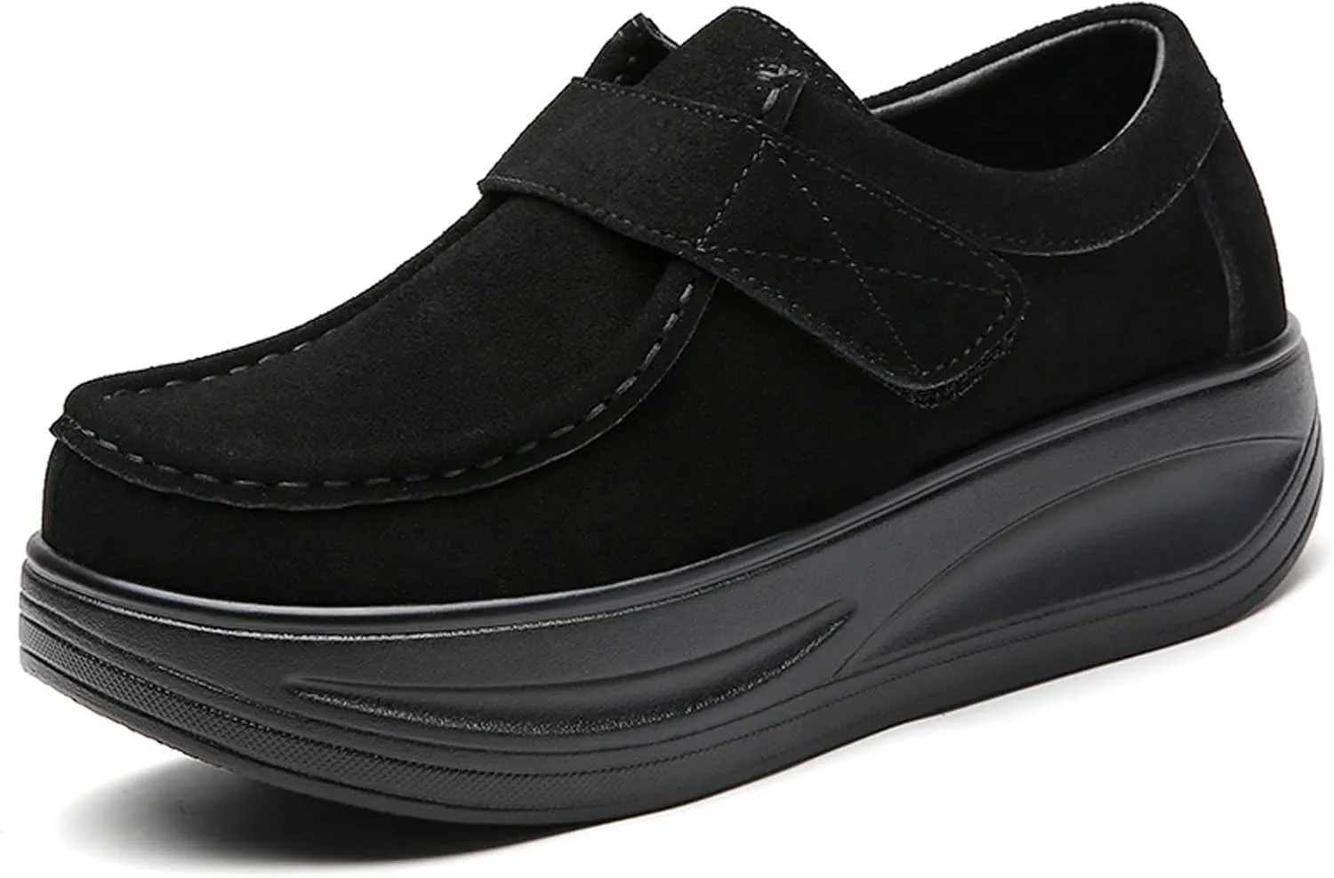 URLECHS Women's Suede Platform Walking Shoes | Adjustable Hook and Loop Rocker Bottom Support | Comfortable Round Toe Non-Slip Sneakers Fashion Casual Shoes for Women
