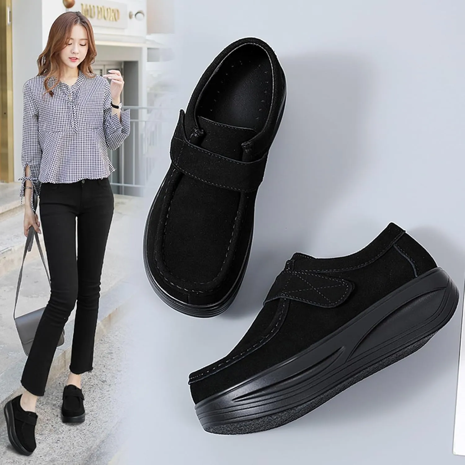 URLECHS Women's Suede Platform Walking Shoes | Adjustable Hook and Loop Rocker Bottom Support | Comfortable Round Toe Non-Slip Sneakers Fashion Casual Shoes for Women
