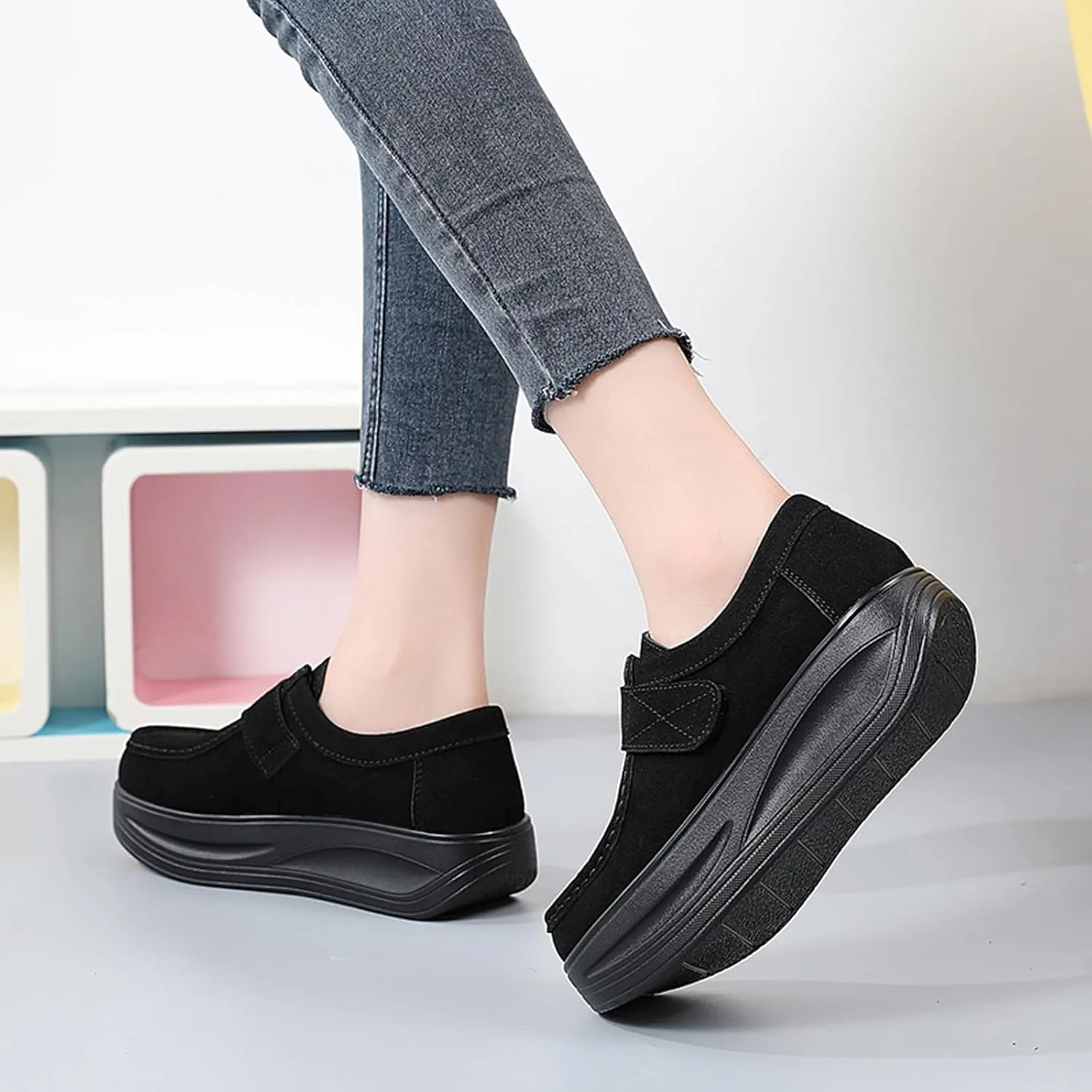 URLECHS Women's Suede Platform Walking Shoes | Adjustable Hook and Loop Rocker Bottom Support | Comfortable Round Toe Non-Slip Sneakers Fashion Casual Shoes for Women