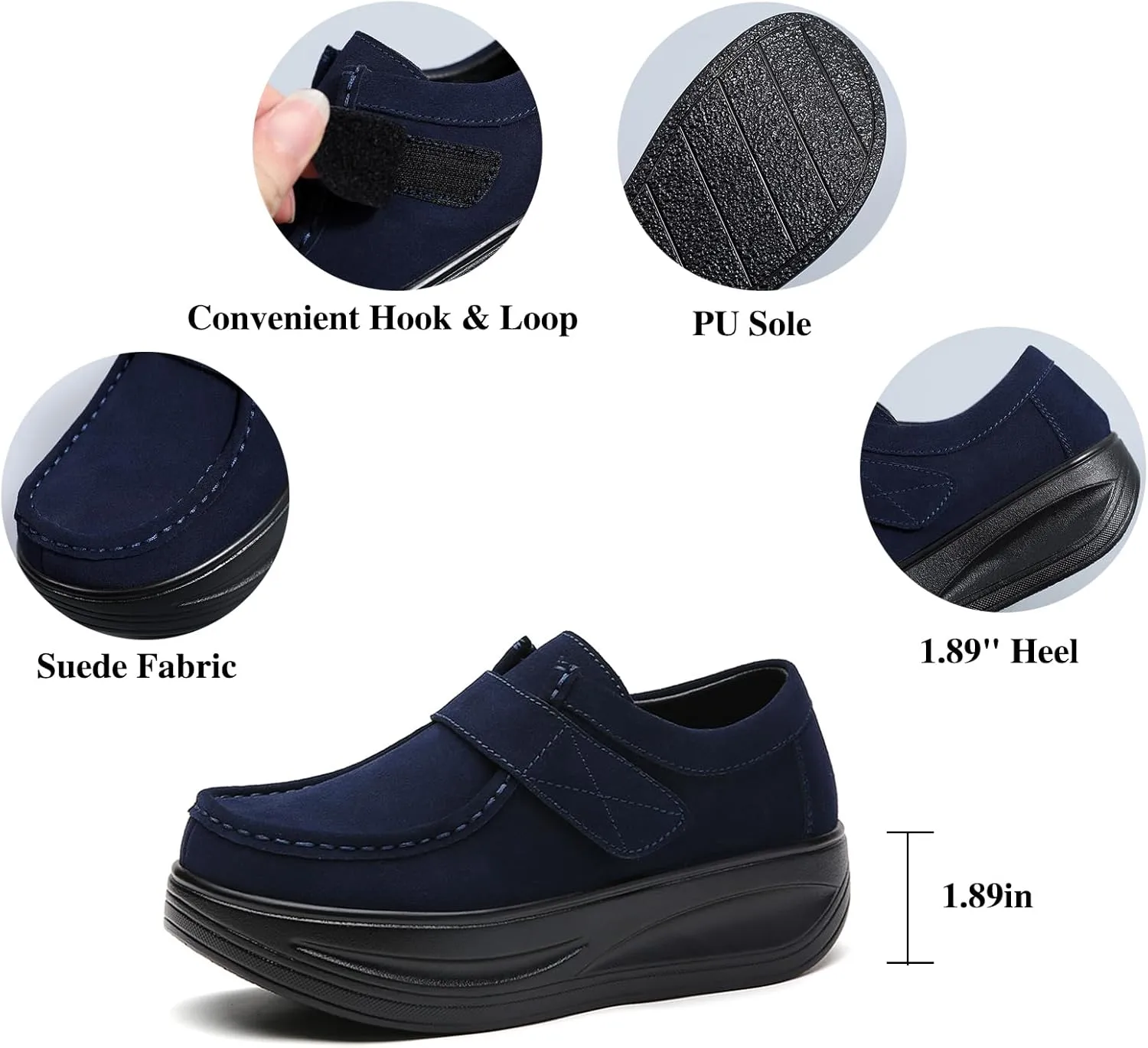 URLECHS Women's Suede Platform Walking Shoes | Adjustable Hook and Loop Rocker Bottom Support | Comfortable Round Toe Non-Slip Sneakers Fashion Casual Shoes for Women