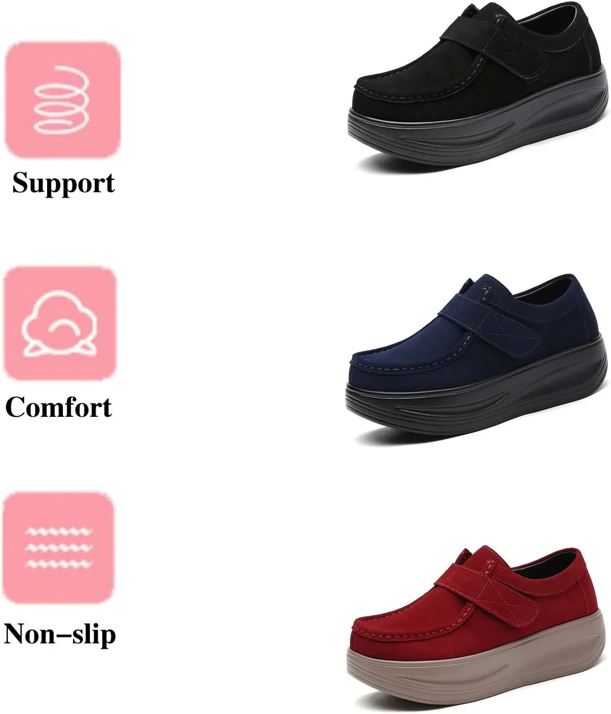 URLECHS Women's Suede Platform Walking Shoes | Adjustable Hook and Loop Rocker Bottom Support | Comfortable Round Toe Non-Slip Sneakers Fashion Casual Shoes for Women