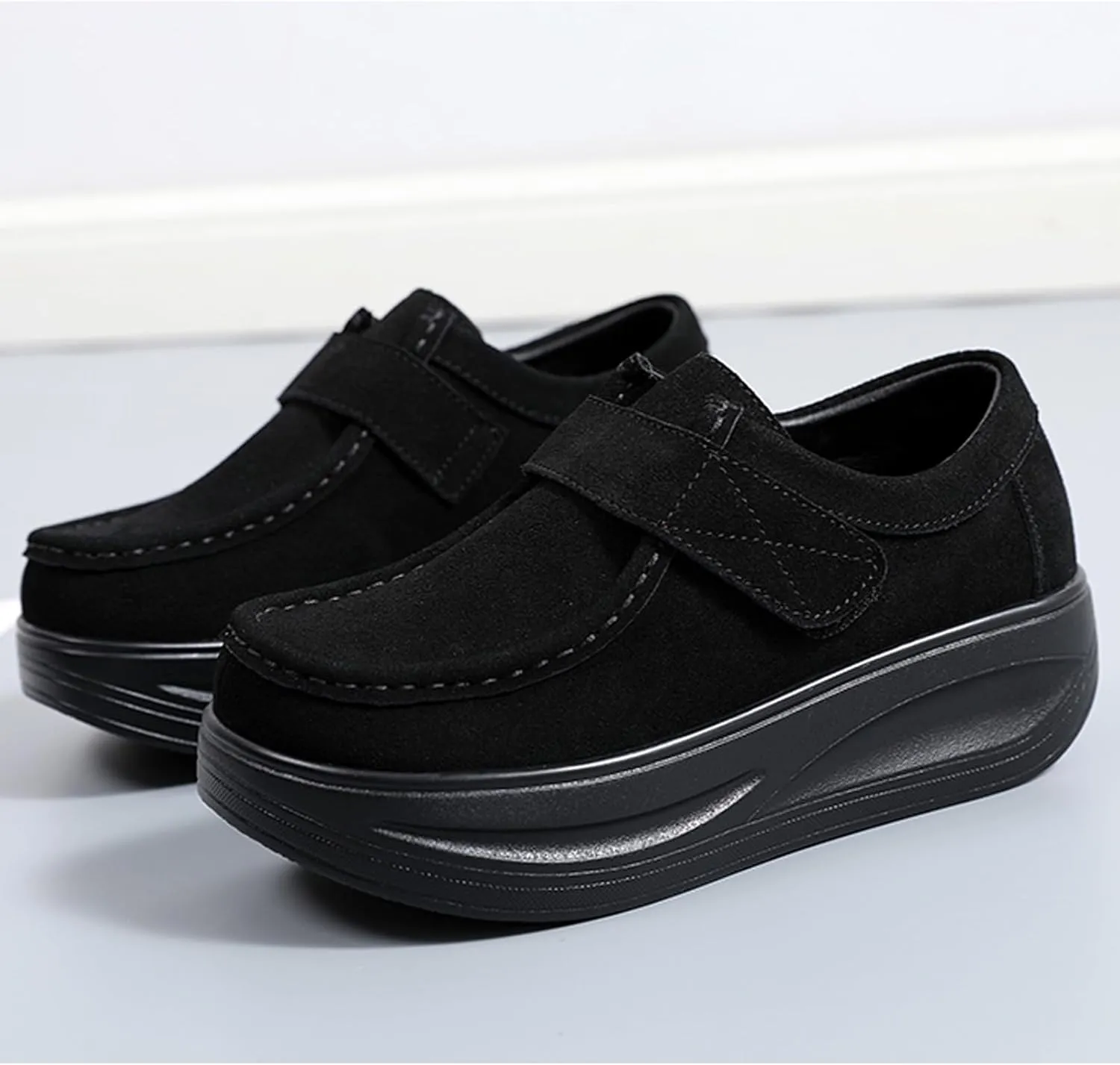 URLECHS Women's Suede Platform Walking Shoes | Adjustable Hook and Loop Rocker Bottom Support | Comfortable Round Toe Non-Slip Sneakers Fashion Casual Shoes for Women