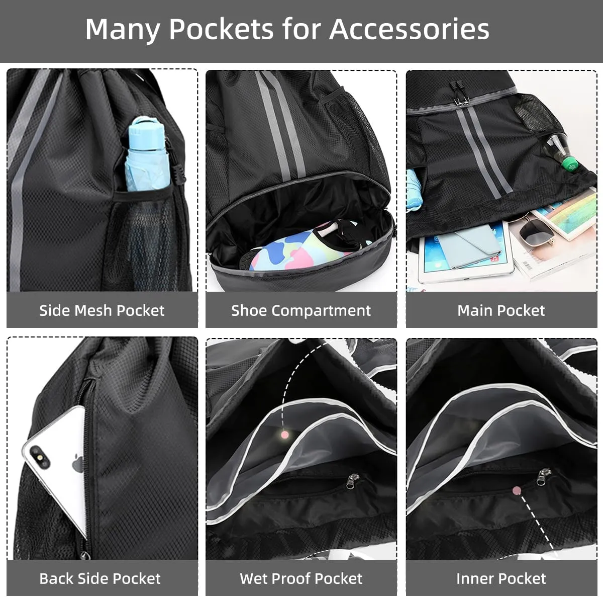 Valleycomfy Sports Drawstring Backpack - Water Resistant String Bag with Side Mesh Pockets Shoe Compartment Gym Backpack for Women & Men White