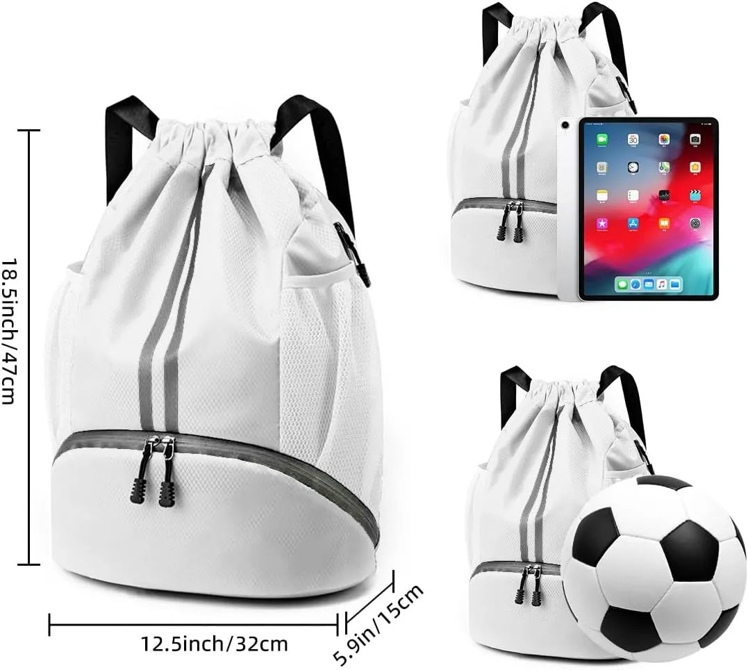 Valleycomfy Sports Drawstring Backpack - Water Resistant String Bag with Side Mesh Pockets Shoe Compartment Gym Backpack for Women & Men White