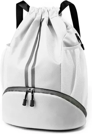 Valleycomfy Sports Drawstring Backpack - Water Resistant String Bag with Side Mesh Pockets Shoe Compartment Gym Backpack for Women & Men White