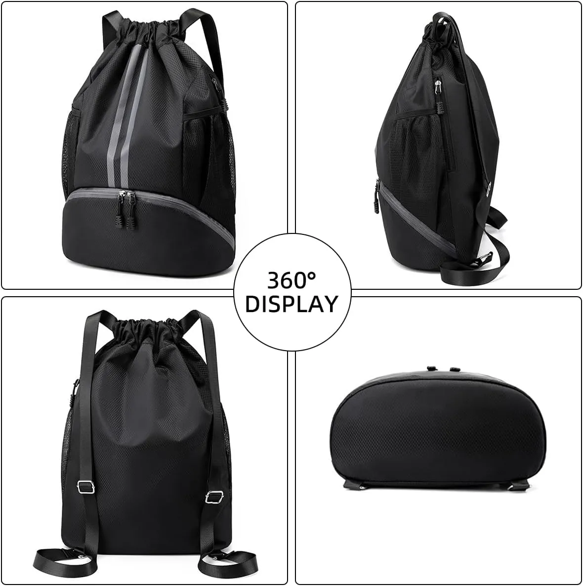 Valleycomfy Sports Drawstring Backpack - Water Resistant String Bag with Side Mesh Pockets Shoe Compartment Gym Backpack for Women & Men White