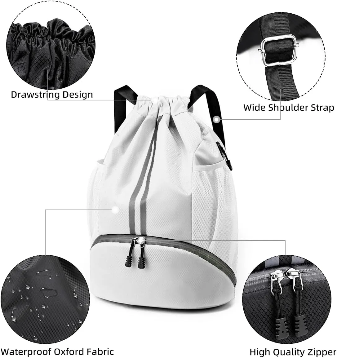Valleycomfy Sports Drawstring Backpack - Water Resistant String Bag with Side Mesh Pockets Shoe Compartment Gym Backpack for Women & Men White