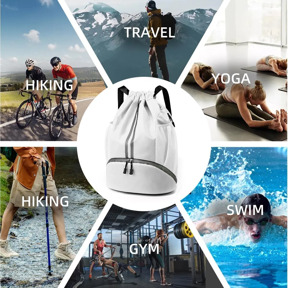Valleycomfy Sports Drawstring Backpack - Water Resistant String Bag with Side Mesh Pockets Shoe Compartment Gym Backpack for Women & Men White