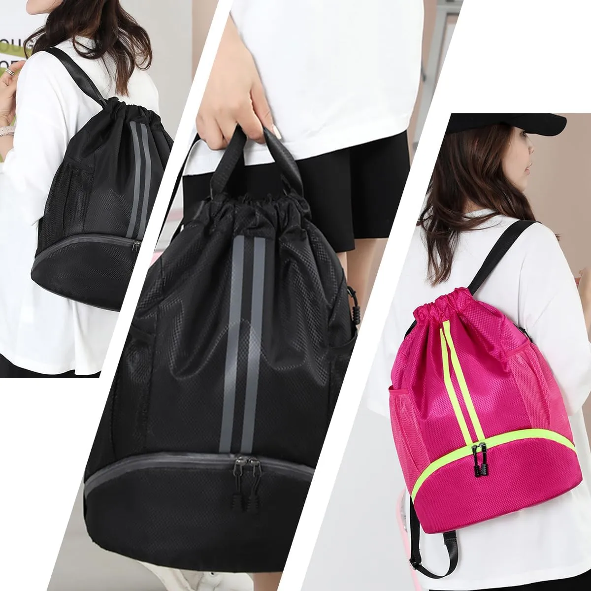 Valleycomfy Sports Drawstring Backpack - Water Resistant String Bag with Side Mesh Pockets Shoe Compartment Gym Backpack for Women & Men White