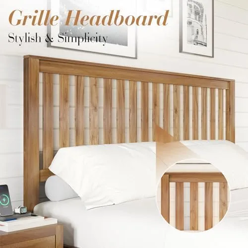 VanAcc Solid Wooden Platform Bed Frame with Grille Headboard, King Size Bed, Wood Slat Support, No Box Spring Needed, Retro Brown