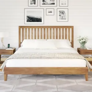 VanAcc Solid Wooden Platform Bed Frame with Grille Headboard, King Size Bed, Wood Slat Support, No Box Spring Needed, Retro Brown