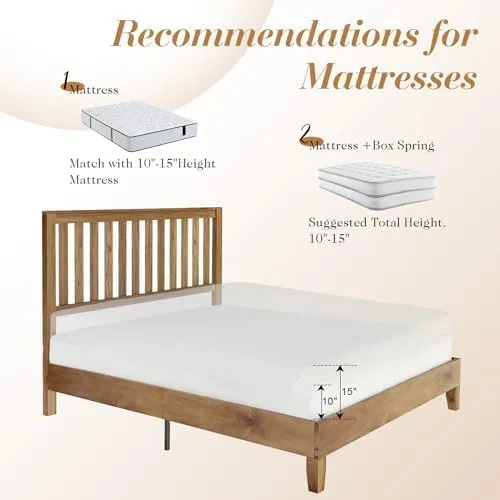 VanAcc Solid Wooden Platform Bed Frame with Grille Headboard, King Size Bed, Wood Slat Support, No Box Spring Needed, Retro Brown