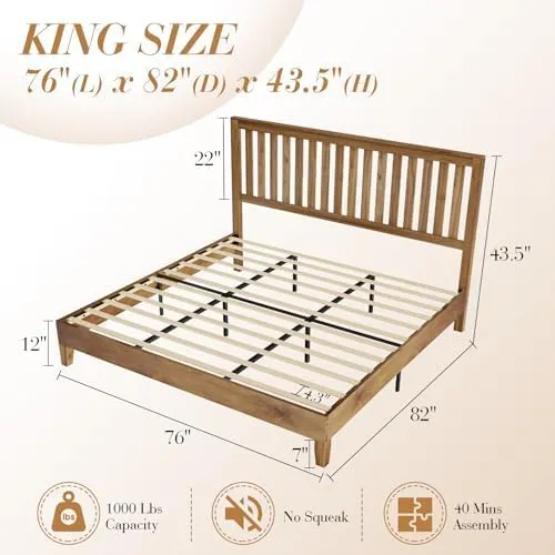 VanAcc Solid Wooden Platform Bed Frame with Grille Headboard, King Size Bed, Wood Slat Support, No Box Spring Needed, Retro Brown