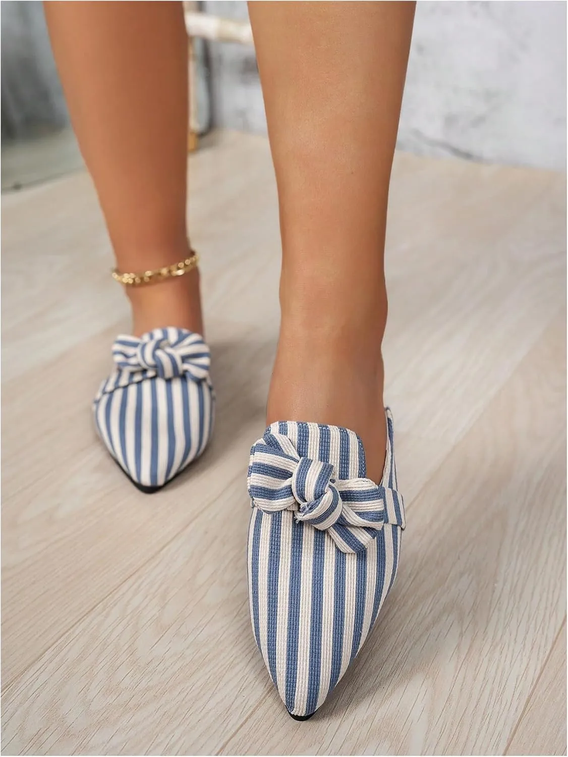 Verdusa Women's Bow Striped Pointed Toe Mule Shoes PU Leather Backless Slip on Slide Flats