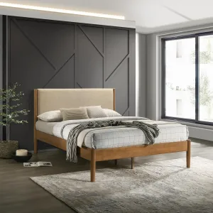 Vichy Rubberwood Queen Bed | Upholstered Headboard | Platform Bed Frame | Light Walnut Finish
