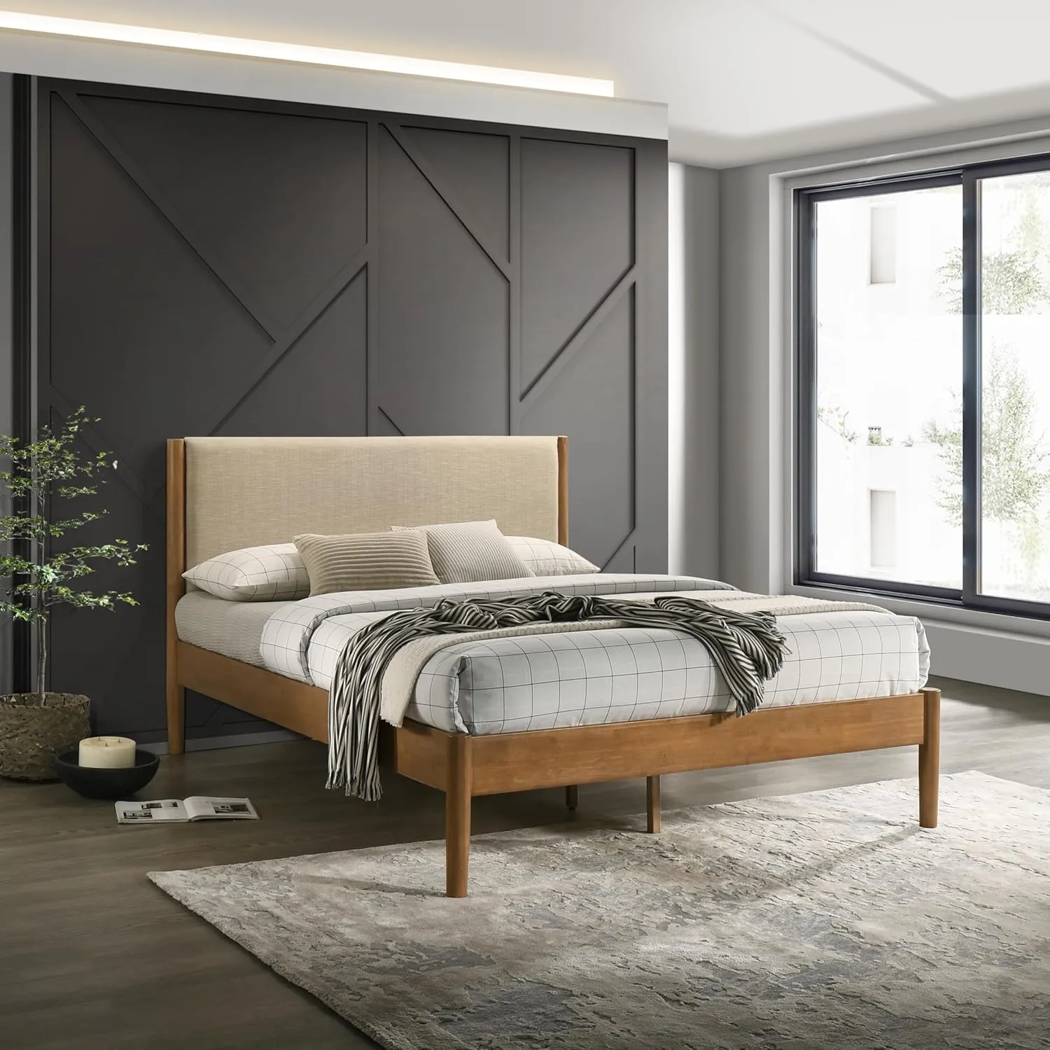 Vichy Rubberwood Queen Bed | Upholstered Headboard | Platform Bed Frame | Light Walnut Finish