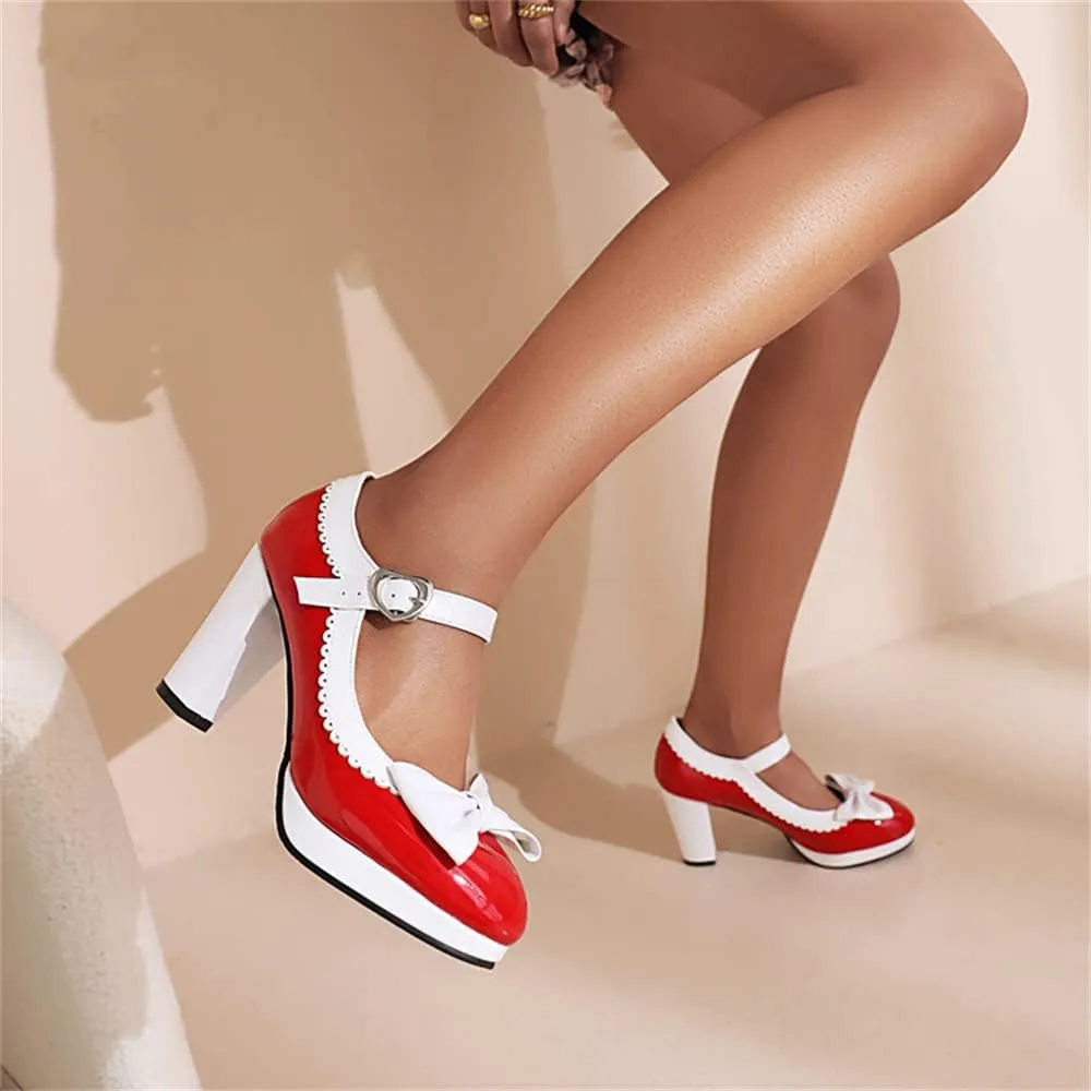 Viuluti Women's Round Toe Platform Pumps High Heels Leather Heart Ankle Strap Dress Shoes Sweet Bowknot Chunky Heel Mary Jane Pumps