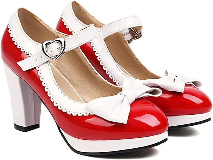 Viuluti Women's Round Toe Platform Pumps High Heels Leather Heart Ankle Strap Dress Shoes Sweet Bowknot Chunky Heel Mary Jane Pumps