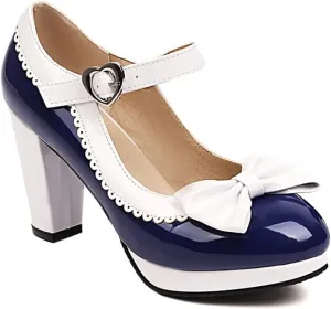 Viuluti Women's Round Toe Platform Pumps High Heels Leather Heart Ankle Strap Dress Shoes Sweet Bowknot Chunky Heel Mary Jane Pumps