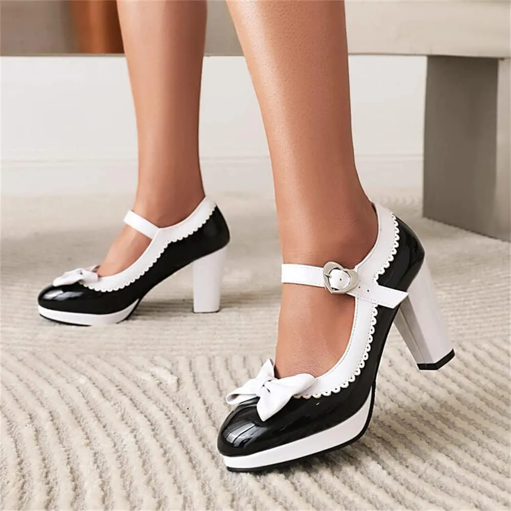 Viuluti Women's Round Toe Platform Pumps High Heels Leather Heart Ankle Strap Dress Shoes Sweet Bowknot Chunky Heel Mary Jane Pumps