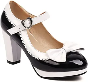 Viuluti Women's Round Toe Platform Pumps High Heels Leather Heart Ankle Strap Dress Shoes Sweet Bowknot Chunky Heel Mary Jane Pumps