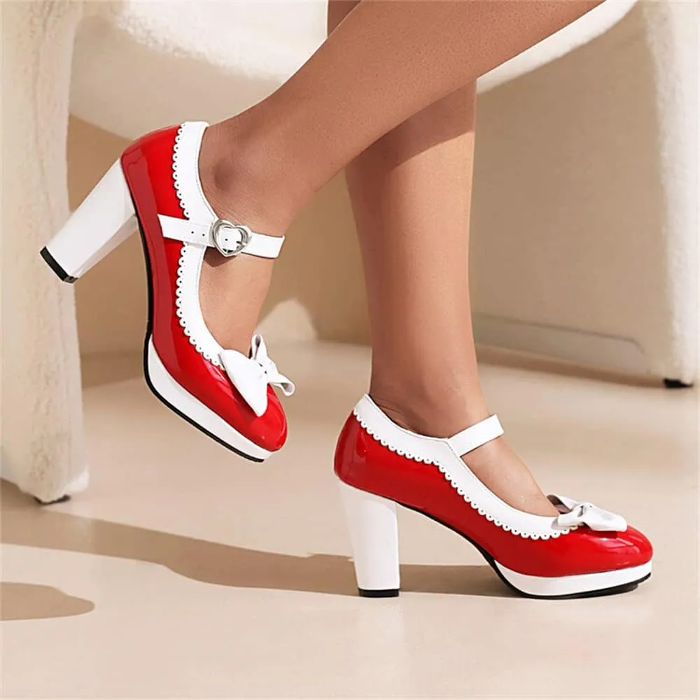 Viuluti Women's Round Toe Platform Pumps High Heels Leather Heart Ankle Strap Dress Shoes Sweet Bowknot Chunky Heel Mary Jane Pumps