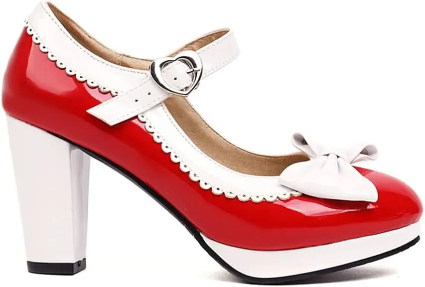 Viuluti Women's Round Toe Platform Pumps High Heels Leather Heart Ankle Strap Dress Shoes Sweet Bowknot Chunky Heel Mary Jane Pumps