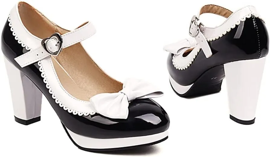 Viuluti Women's Round Toe Platform Pumps High Heels Leather Heart Ankle Strap Dress Shoes Sweet Bowknot Chunky Heel Mary Jane Pumps