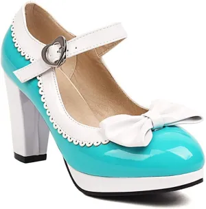 Viuluti Women's Round Toe Platform Pumps High Heels Leather Heart Ankle Strap Dress Shoes Sweet Bowknot Chunky Heel Mary Jane Pumps