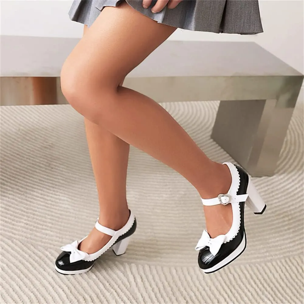 Viuluti Women's Round Toe Platform Pumps High Heels Leather Heart Ankle Strap Dress Shoes Sweet Bowknot Chunky Heel Mary Jane Pumps