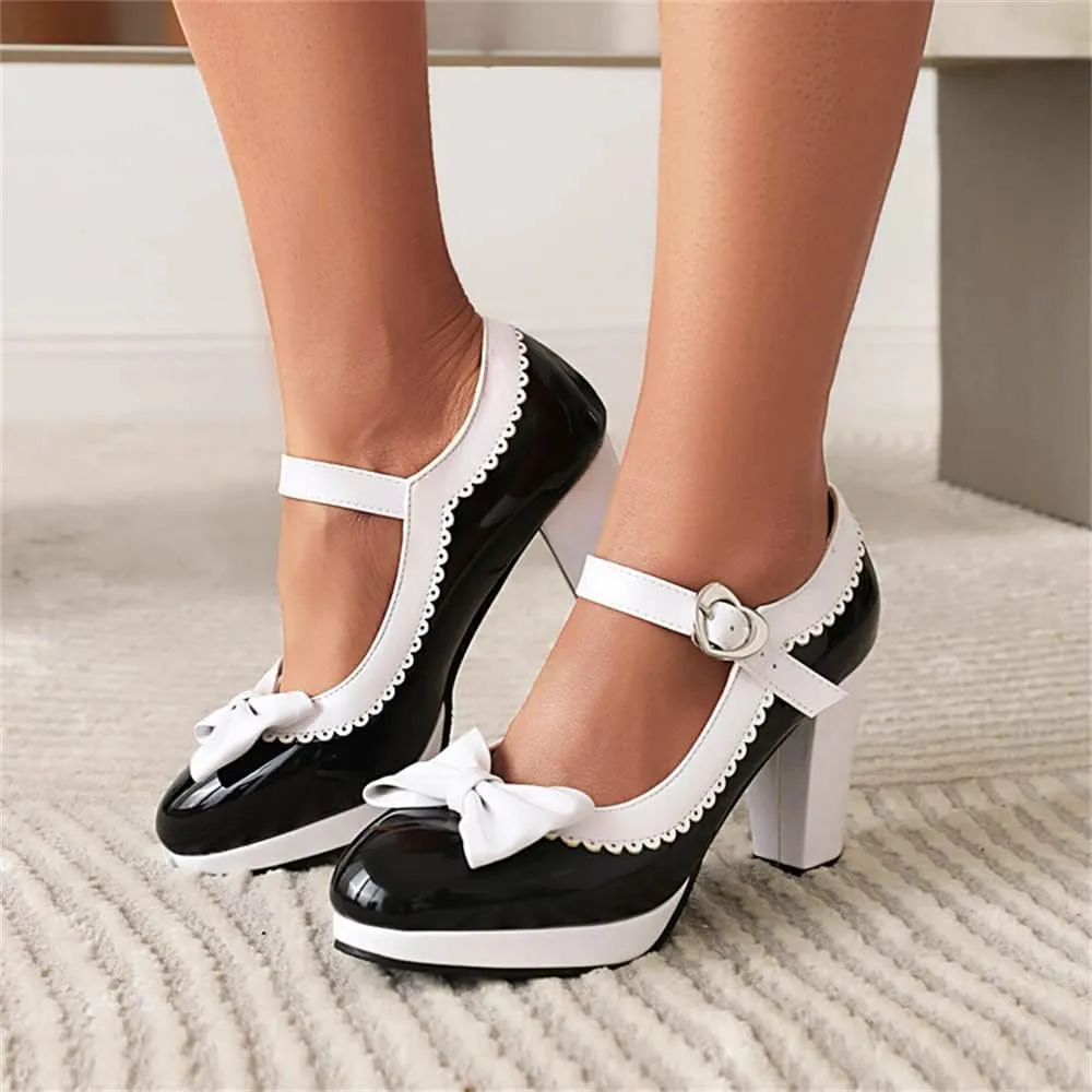 Viuluti Women's Round Toe Platform Pumps High Heels Leather Heart Ankle Strap Dress Shoes Sweet Bowknot Chunky Heel Mary Jane Pumps