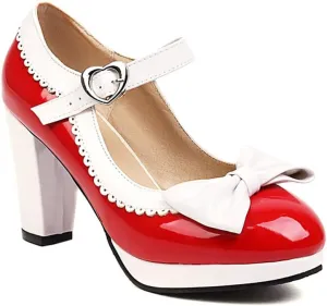 Viuluti Women's Round Toe Platform Pumps High Heels Leather Heart Ankle Strap Dress Shoes Sweet Bowknot Chunky Heel Mary Jane Pumps