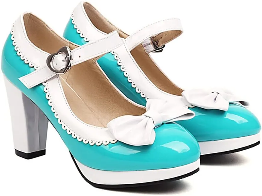 Viuluti Women's Round Toe Platform Pumps High Heels Leather Heart Ankle Strap Dress Shoes Sweet Bowknot Chunky Heel Mary Jane Pumps