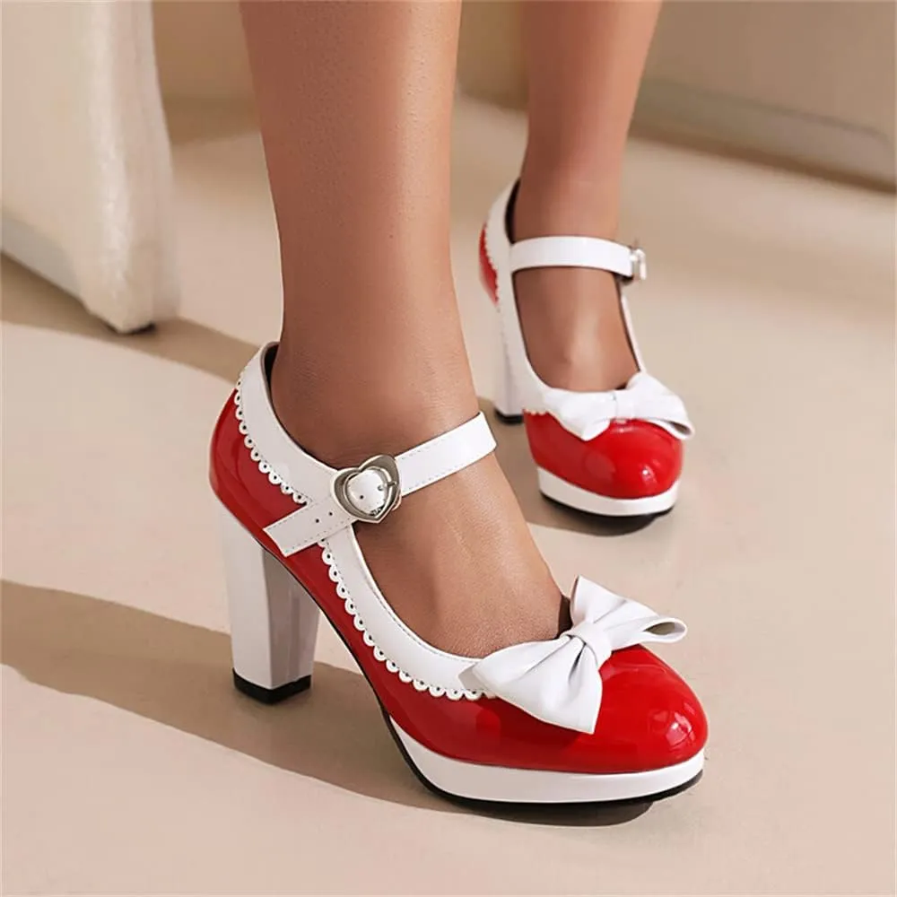 Viuluti Women's Round Toe Platform Pumps High Heels Leather Heart Ankle Strap Dress Shoes Sweet Bowknot Chunky Heel Mary Jane Pumps