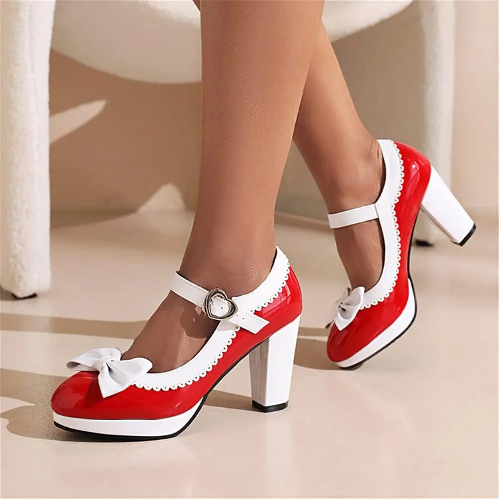 Viuluti Women's Round Toe Platform Pumps High Heels Leather Heart Ankle Strap Dress Shoes Sweet Bowknot Chunky Heel Mary Jane Pumps