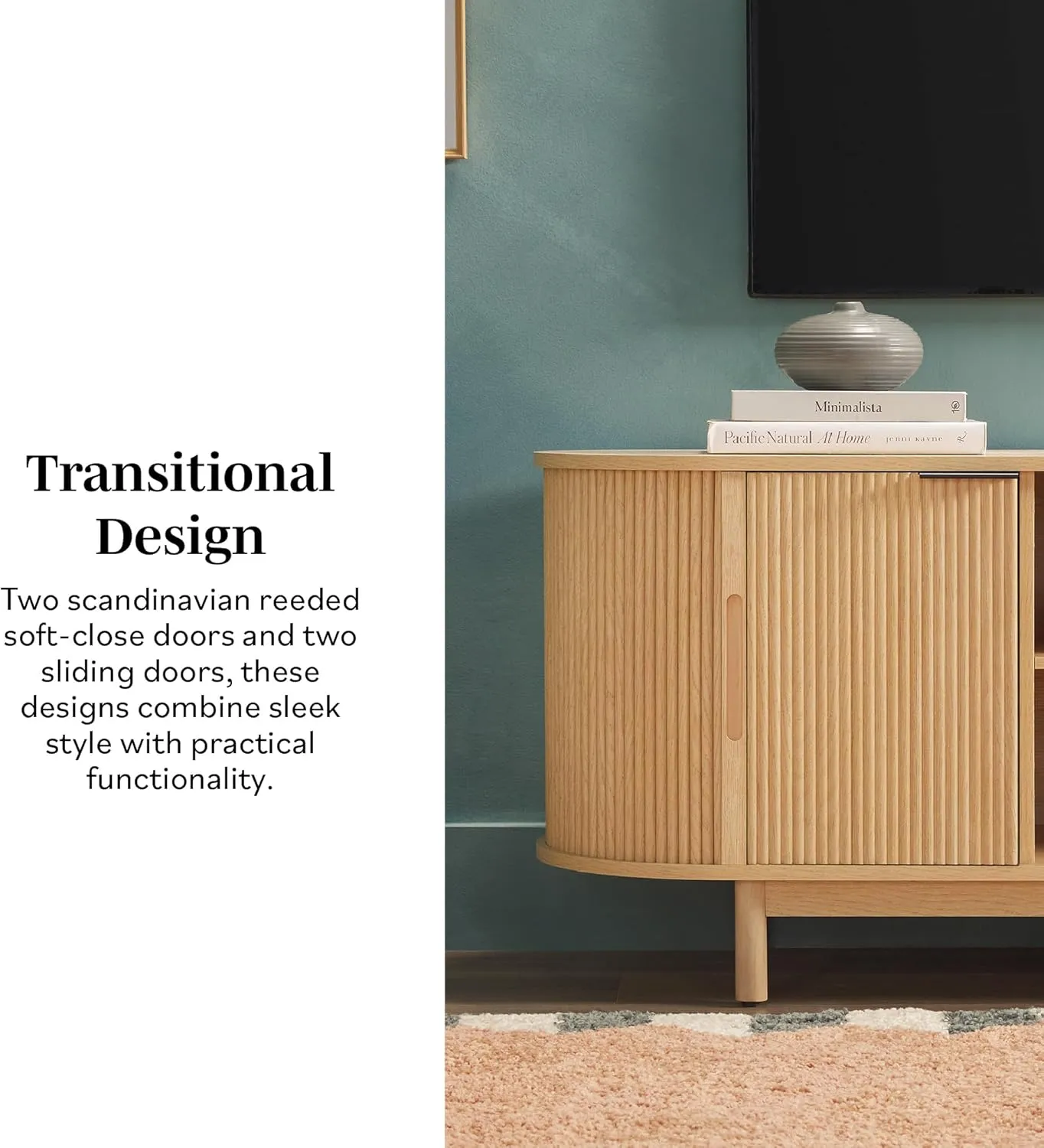 Walker Edison Modern Curved Reeded TV Stand for TVs up to 65 Inches, Credenza with Sliding Doors and Adjustable Shelves, TV Stand with Cord Management Cutout, 60 Inch, Coastal Oak