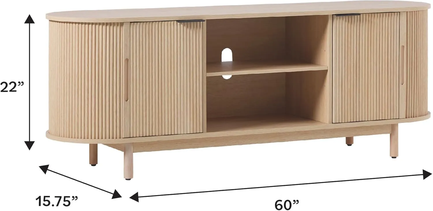 Walker Edison Modern Curved Reeded TV Stand for TVs up to 65 Inches, Credenza with Sliding Doors and Adjustable Shelves, TV Stand with Cord Management Cutout, 60 Inch, Coastal Oak