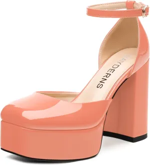 WAYDERNS Platform Heels for Women Block High Heel Closed Square Toe Ankle Strap 4.3 Inch Pumps Fashion Party Dress Shoes