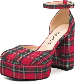 WAYDERNS Platform Heels for Women Block High Heel Closed Square Toe Ankle Strap 4.3 Inch Pumps Fashion Party Dress Shoes