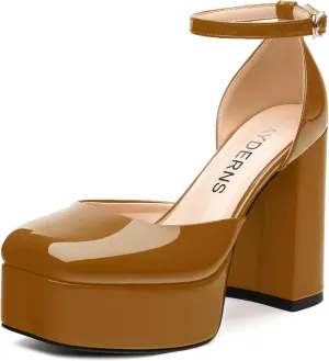 WAYDERNS Platform Heels for Women Block High Heel Closed Square Toe Ankle Strap 4.3 Inch Pumps Fashion Party Dress Shoes
