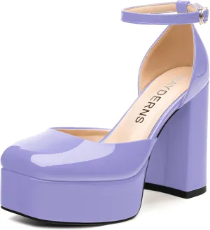 WAYDERNS Platform Heels for Women Block High Heel Closed Square Toe Ankle Strap 4.3 Inch Pumps Fashion Party Dress Shoes