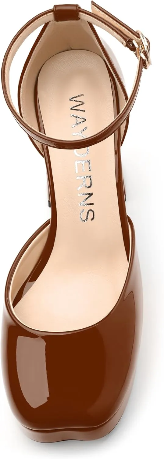 WAYDERNS Platform Heels for Women Block High Heel Closed Square Toe Ankle Strap 4.3 Inch Pumps Fashion Party Dress Shoes