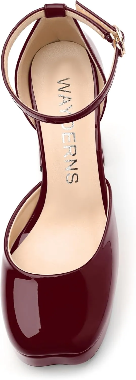 WAYDERNS Platform Heels for Women Block High Heel Closed Square Toe Ankle Strap 4.3 Inch Pumps Fashion Party Dress Shoes